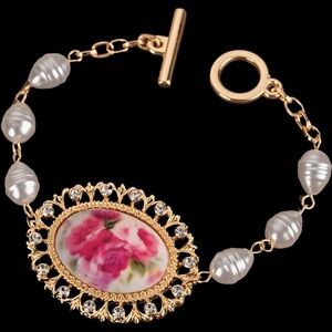 Gold Plated Faux Pearl Vintage Style Rose and Rhinestone Toggle Bracelet